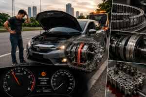 Mekanik melakukan diagnosis gearbox CVT yang gagal sepenuhnya pada Honda City apabila enjin hidup tetapi kereta tidak boleh bergerak di bengkel gearbox Malaysia.