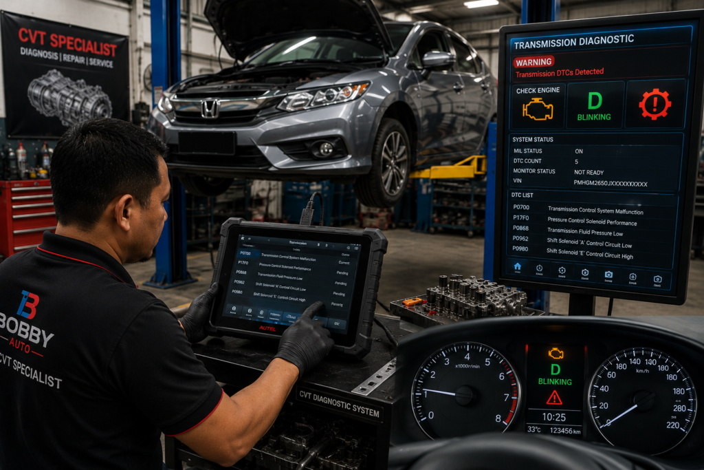 Mekanik melakukan diagnosis CVT menggunakan scanner apabila lampu Check Engine dan D Lamp berkedip pada Honda City di bengkel gearbox Malaysia.