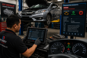 Mekanik melakukan diagnosis CVT menggunakan scanner apabila lampu Check Engine dan D Lamp berkedip pada Honda City di bengkel gearbox Malaysia.