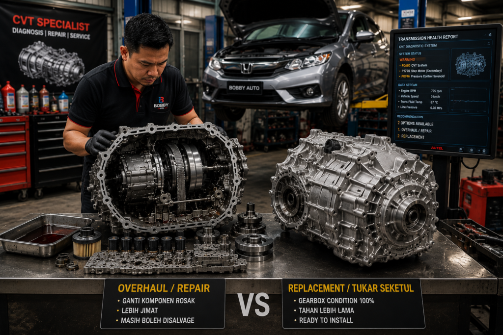 Perbandingan antara overhaul gearbox CVT dan penggantian gearbox baharu dengan juruteknik melakukan diagnosis pada Honda City di bengkel gearbox Malaysia.