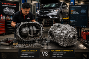 Perbandingan antara overhaul gearbox CVT dan penggantian gearbox baharu dengan juruteknik melakukan diagnosis pada Honda City di bengkel gearbox Malaysia.