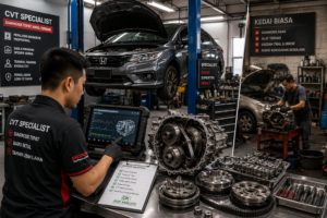 Juruteknik specialist CVT melakukan diagnosis gearbox Honda menggunakan peralatan diagnostik profesional di bengkel specialist gearbox Malaysia.