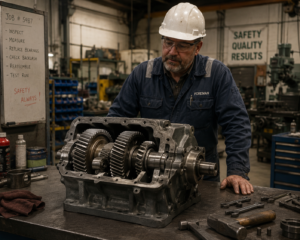 Workshop foreman inspecting a disassembled CVT gearbox on a workbench inside a professional transmission repair workshop.