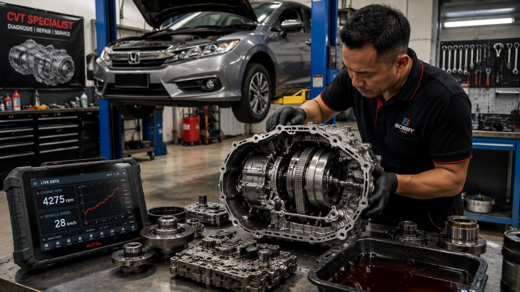 Mekanik melakukan diagnosis masalah CVT slip pada Honda City dengan gearbox CVT terbuka, menunjukkan steel belt, pulley dan valve body di bengkel gearbox Malaysia.
