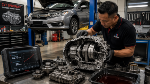 Mekanik melakukan diagnosis masalah CVT slip pada Honda City dengan gearbox CVT terbuka, menunjukkan steel belt, pulley dan valve body di bengkel gearbox Malaysia.
