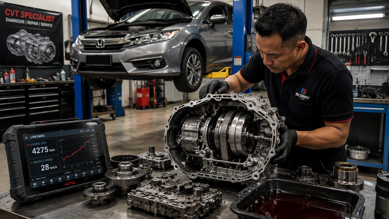 Mekanik melakukan diagnosis masalah CVT slip pada Honda City dengan gearbox CVT terbuka, menunjukkan steel belt, pulley dan valve body di bengkel gearbox Malaysia.